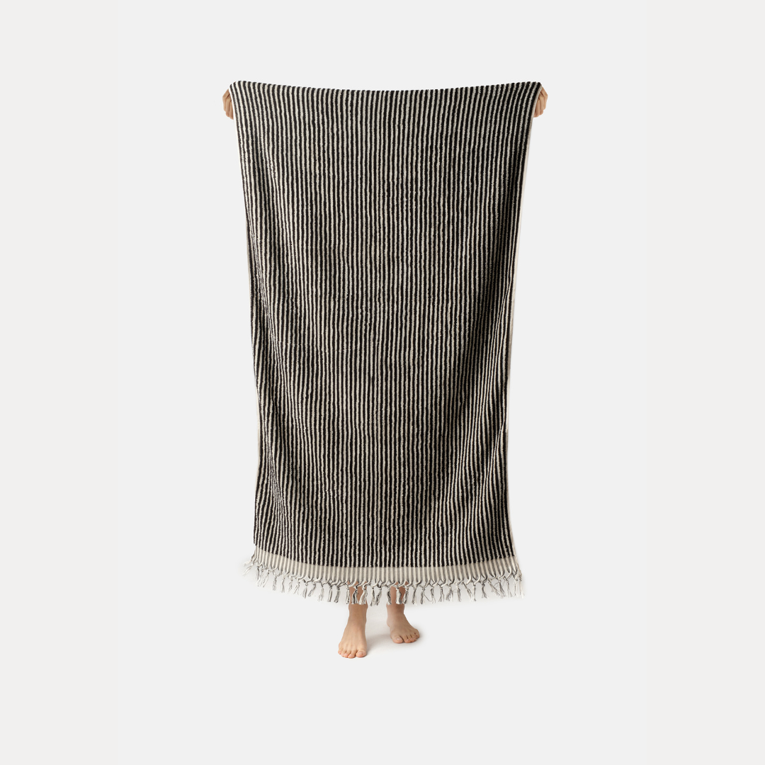 PomPom Striped Terry Beach Bath Towel / Black