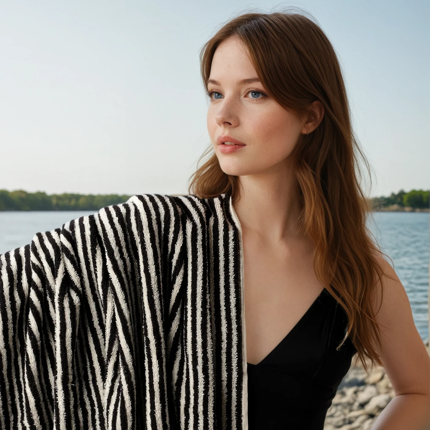 PomPom Striped Terry Beach Bath Towel / Black