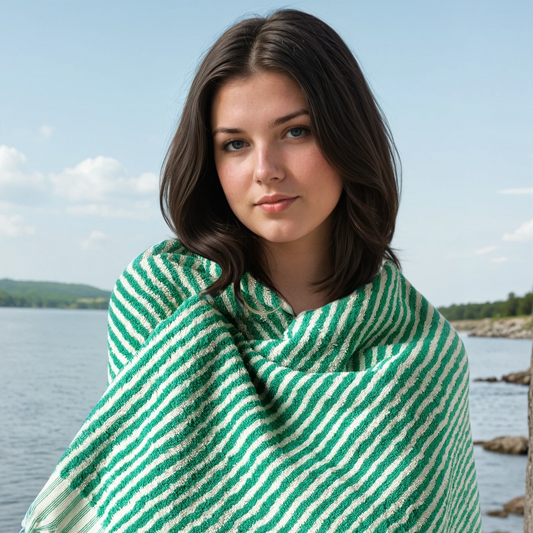 PomPom Striped Terry Beach Bath Towel / Green