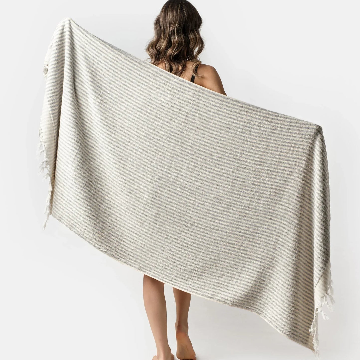 PomPom Striped Terry Beach Bath Towel / Grey - Marsikoh