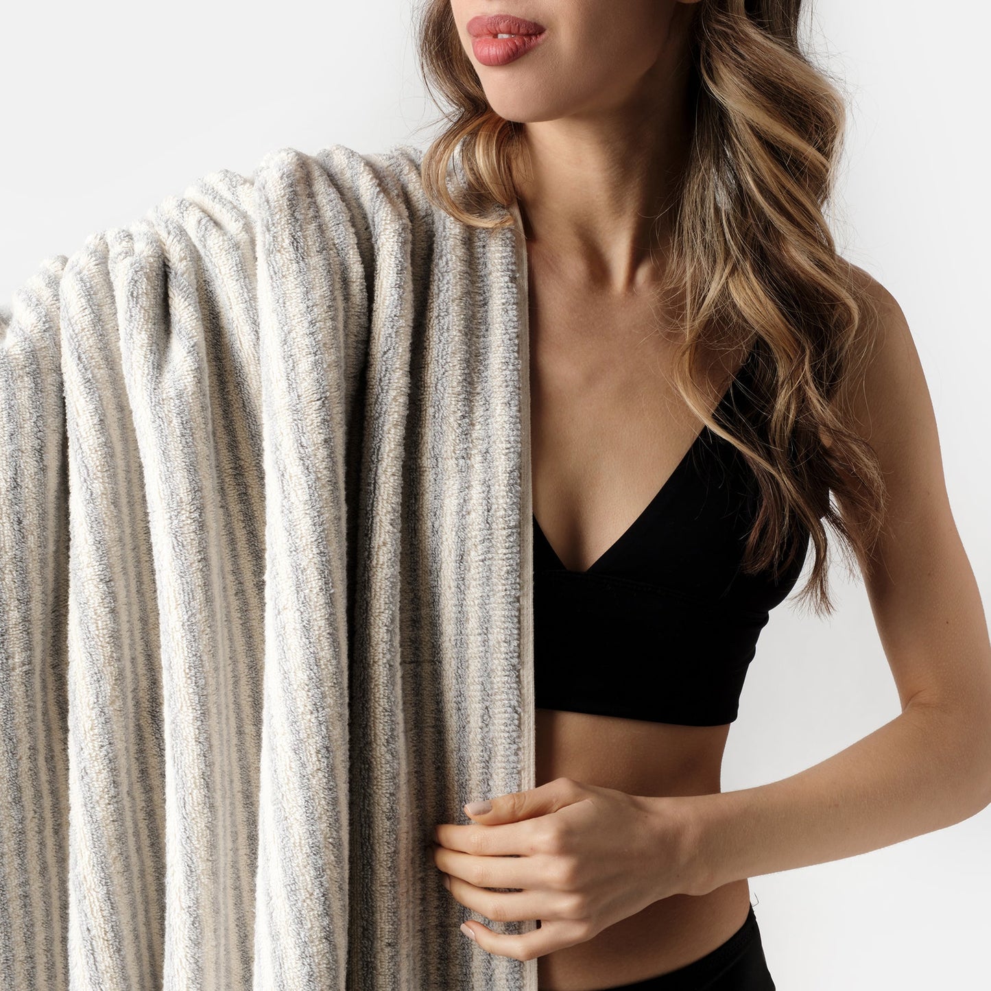 PomPom Striped Terry Beach Bath Towel / Grey