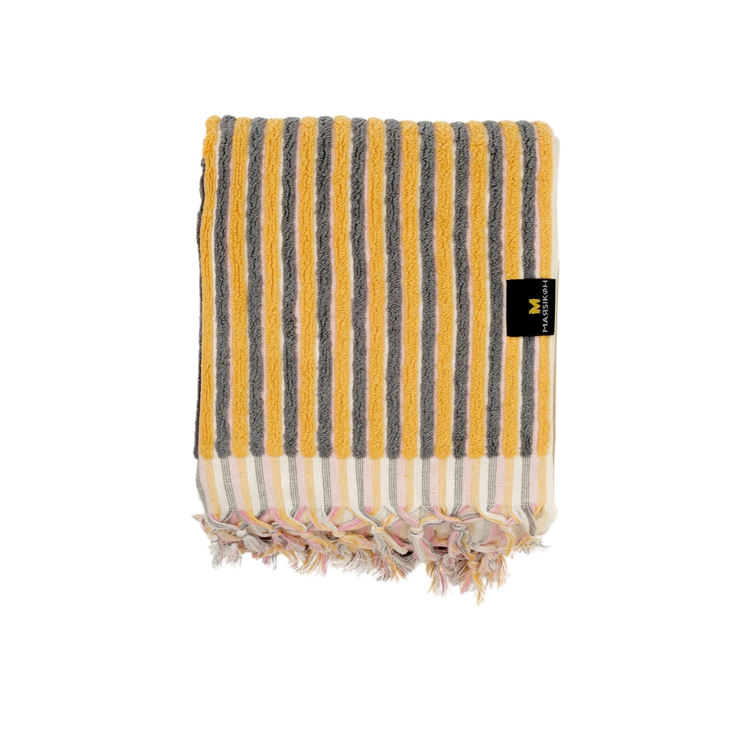 PomPom Striped Terry Beach Bath Towel / Yellow-Grey-Pink