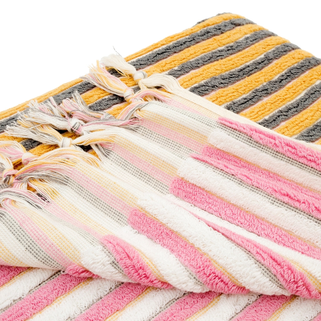 PomPom Striped Terry Beach Bath Towel / Yellow-Grey-Pink