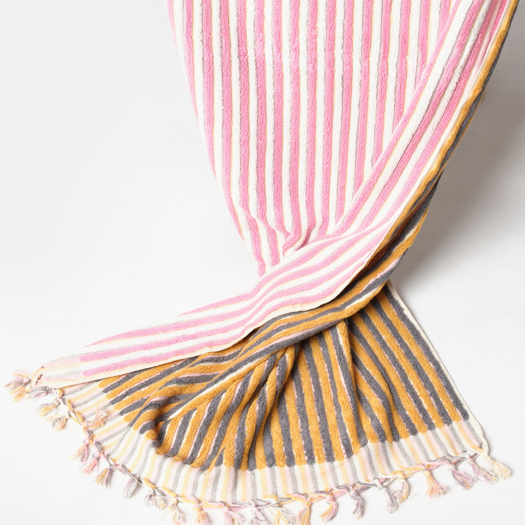PomPom Striped Terry Beach Bath Towel / Yellow-Grey-Pink