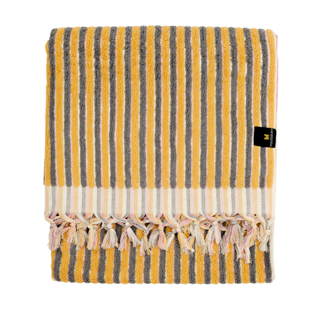 PomPom Striped Terry Beach Bath Towel / Yellow-Grey-Pink